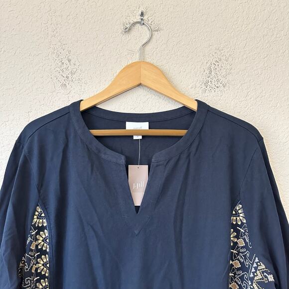 J.JILL PURE JILL Top Blouse Navy Blue Embroidered Cotton Boho NWT - Picture 3 of 9